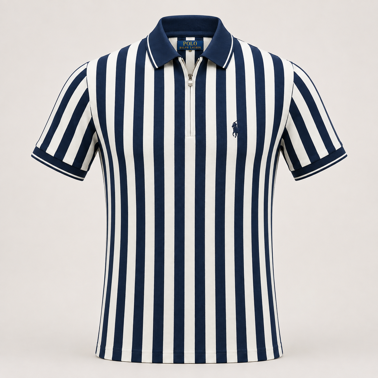 A short-sleeve polo shirt with vertical navy blue and white stripes, featuring a navy collar, a half-zip front, and the signature embroidered polo player logo on the left chest.