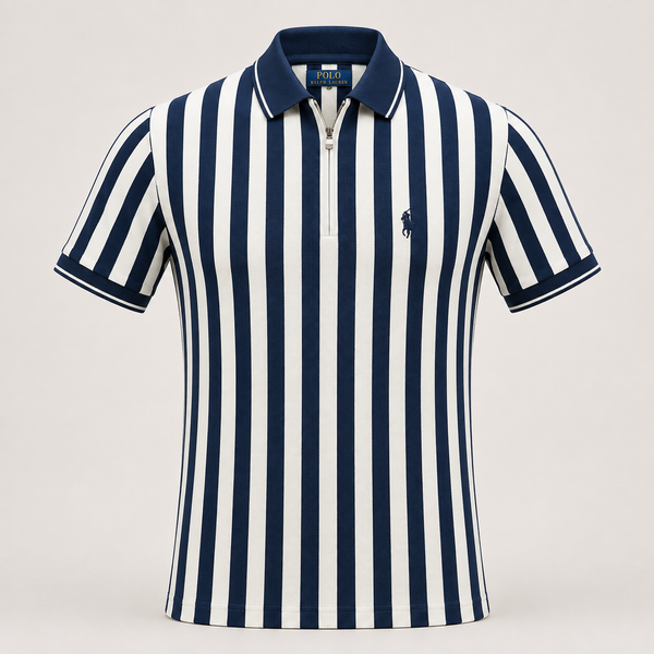 A short-sleeve polo shirt with vertical navy blue and white stripes, featuring a navy collar, a half-zip front, and the signature embroidered polo player logo on the left chest.