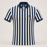 A short-sleeve polo shirt with vertical navy blue and white stripes, featuring a navy collar, a half-zip front, and the signature embroidered polo player logo on the left chest.