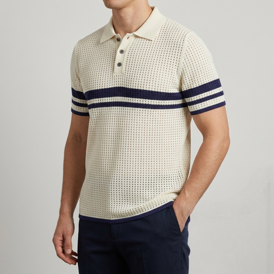 Men's Retro Textured Pointelle Knit Polo - Cream & Navy Striped Short Sleeve Shirt