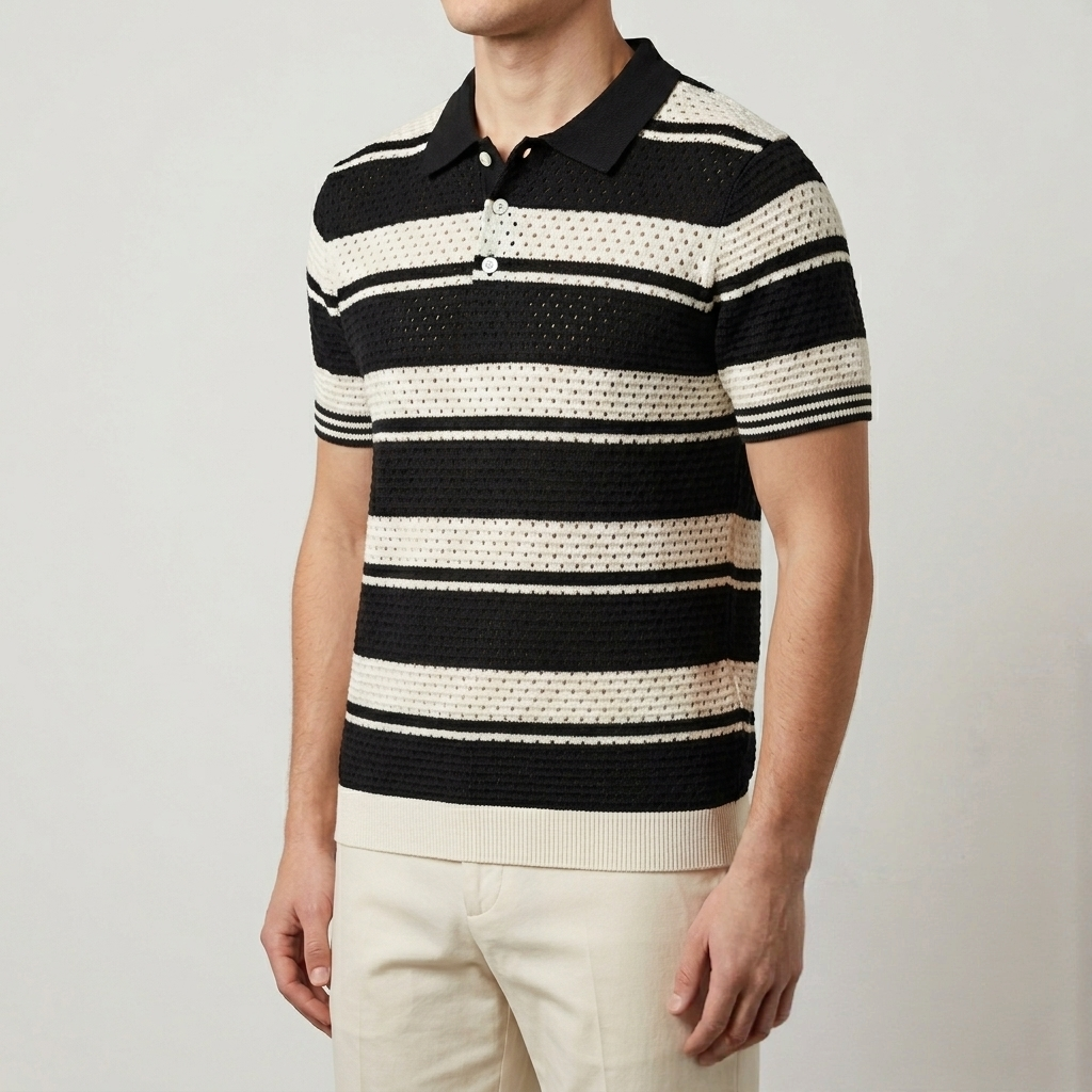 Men’s Black & White Striped Crochet Knit Polo Shirt – Retro Textured Short Sleeve Main image