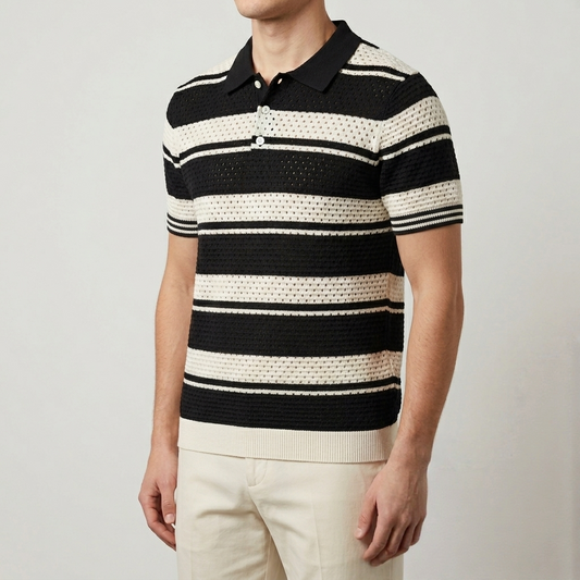 Men’s Black & White Striped Crochet Knit Polo Shirt – Retro Textured Short Sleeve