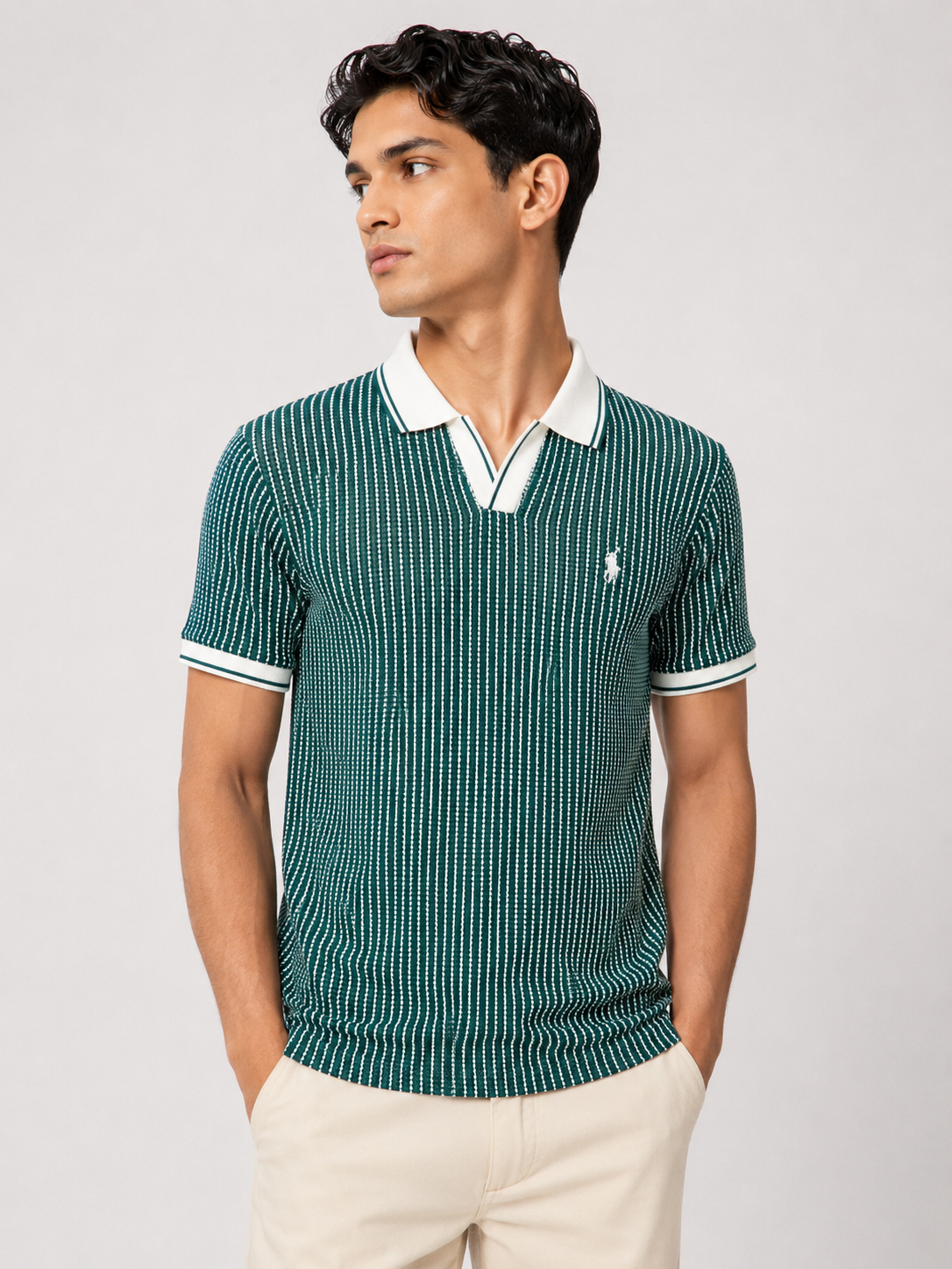 Green Striped Knit Polo Shirt দ্বিতীয় ছবি