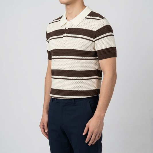Men's Coffee Brown & Off-White Striped Knit Polo – Retro Textured Mesh Shirt