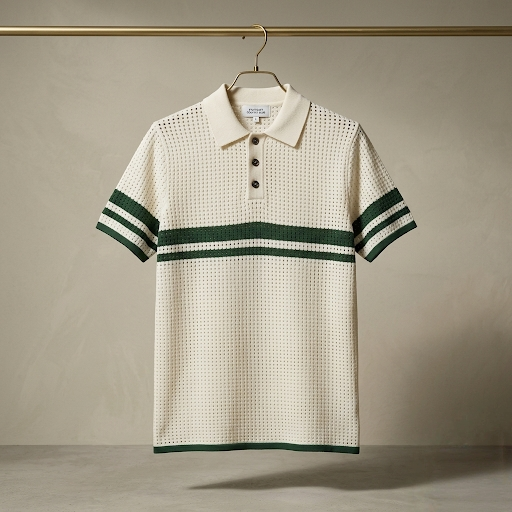 Men’s Off-White & Green Textured Knit Polo – Retro Crochet Mesh Resort Shirt