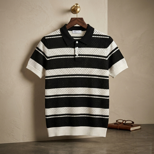 Men’s Black & White Striped Crochet Knit Polo Shirt – Retro Textured Short Sleeve