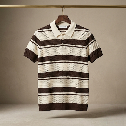 Men's Coffee Brown & Off-White Striped Knit Polo – Retro Textured Mesh Shirt