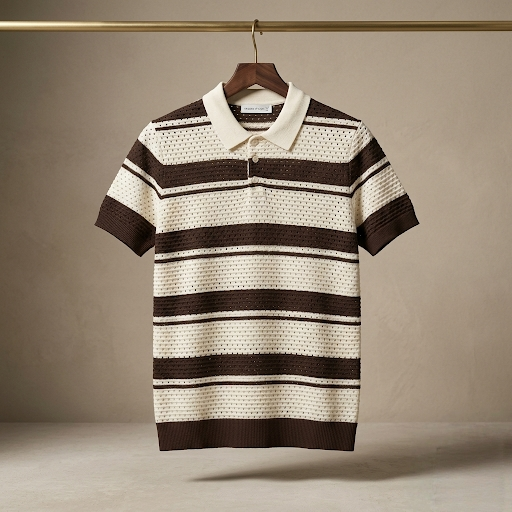 Men's Coffee Brown & Off-White Striped Knit Polo – Retro Textured Mesh Shirt