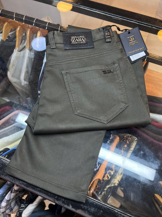 ZARA Men's Slim Fit Chino Trousers – Premium Olive Green Cotton Twill Pants