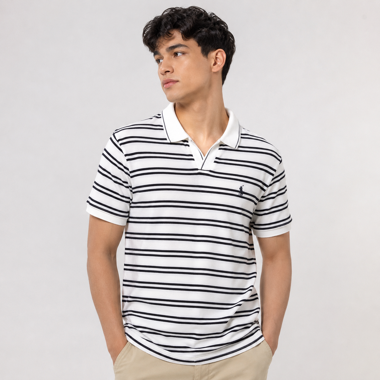 White Striped Knit Polo Shirt দ্বিতীয় ছবি