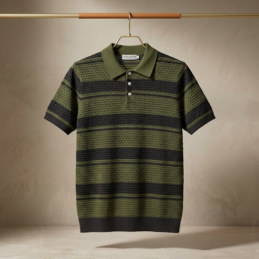 Men's Olive & Charcoal Striped Knit Polo – Textured Pointelle Summer Shirt