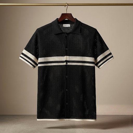 Men's Black Crochet Knit Button-Down Polo – Retro Mesh Short Sleeve Shirt