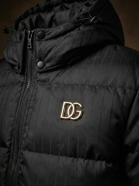 Men's Premium Black Puffer Jacket – Pinstripe Hooded Winter Coat with Metallic Logo