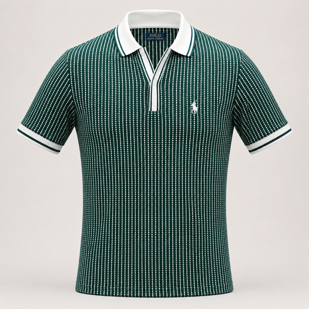 A short-sleeve polo shirt with a green and white dotted vertical stripe pattern, featuring a white collar, white placket, and white sleeve trim, with a small embroidered polo player logo on the chest.