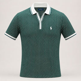 A short-sleeve polo shirt with a green and white dotted vertical stripe pattern, featuring a white collar, white placket, and white sleeve trim, with a small embroidered polo player logo on the chest.