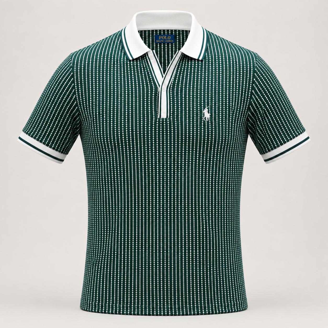 A short-sleeve polo shirt with a green and white dotted vertical stripe pattern, featuring a white collar, white placket, and white sleeve trim, with a small embroidered polo player logo on the chest.