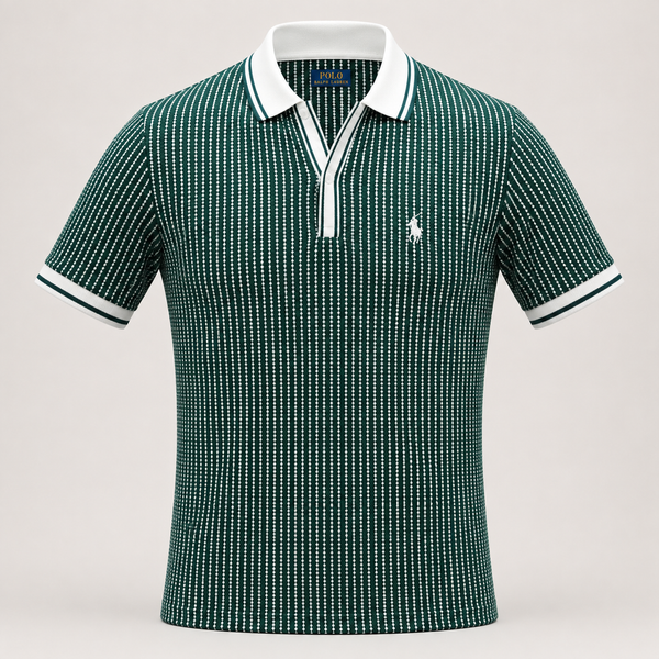 A short-sleeve polo shirt with a green and white dotted vertical stripe pattern, featuring a white collar, white placket, and white sleeve trim, with a small embroidered polo player logo on the chest.