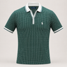 A short-sleeve polo shirt with a green and white dotted vertical stripe pattern, featuring a white collar, white placket, and white sleeve trim, with a small embroidered polo player logo on the chest.