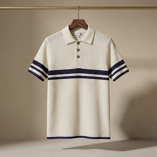 Men's Retro Textured Pointelle Knit Polo - Cream & Navy Striped Short Sleeve Shirt