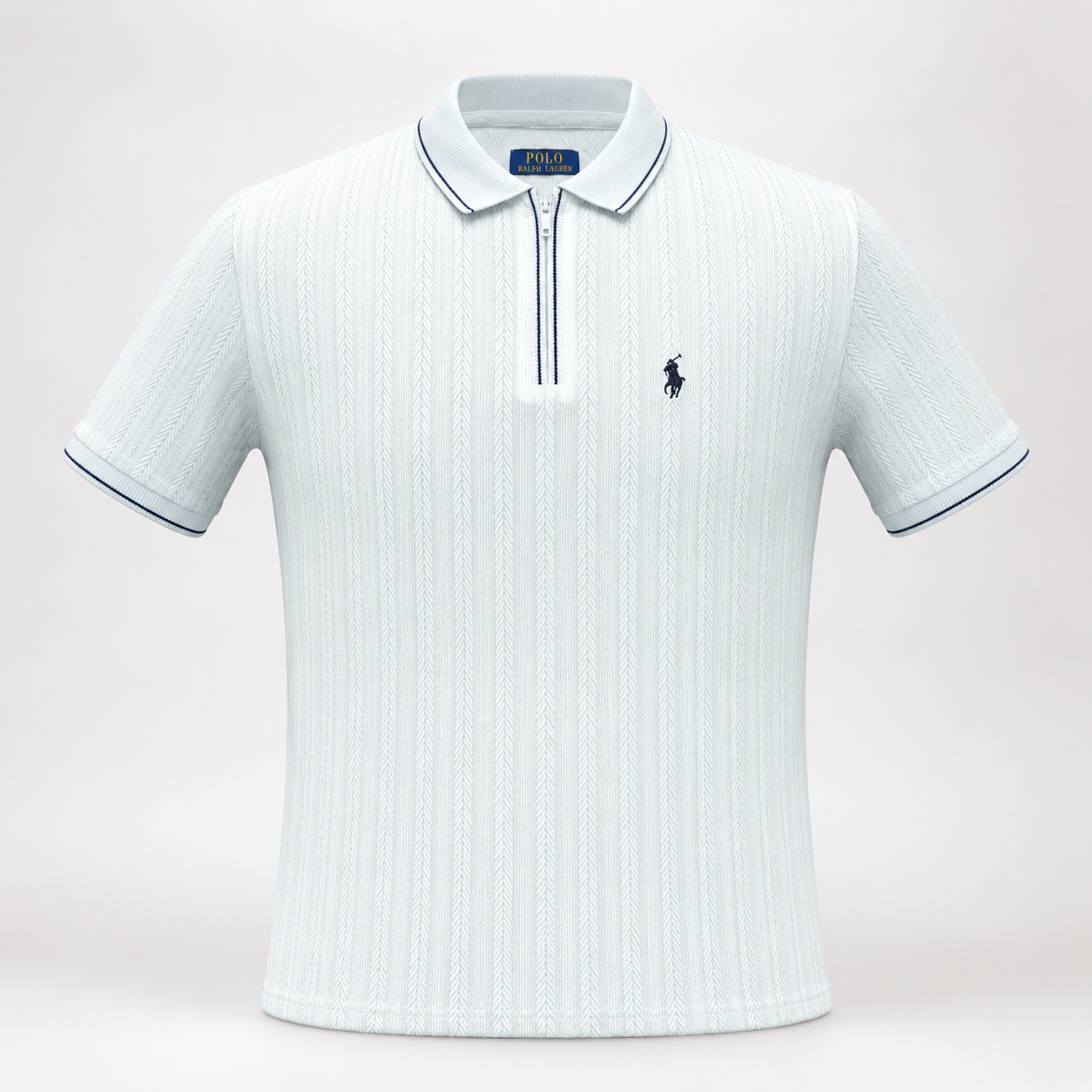 A light blue ribbed short-sleeve polo shirt with a half-zip collar, featuring a small navy embroidered Polo pony logo on the left chest and matching navy piping details. মূল ছবি