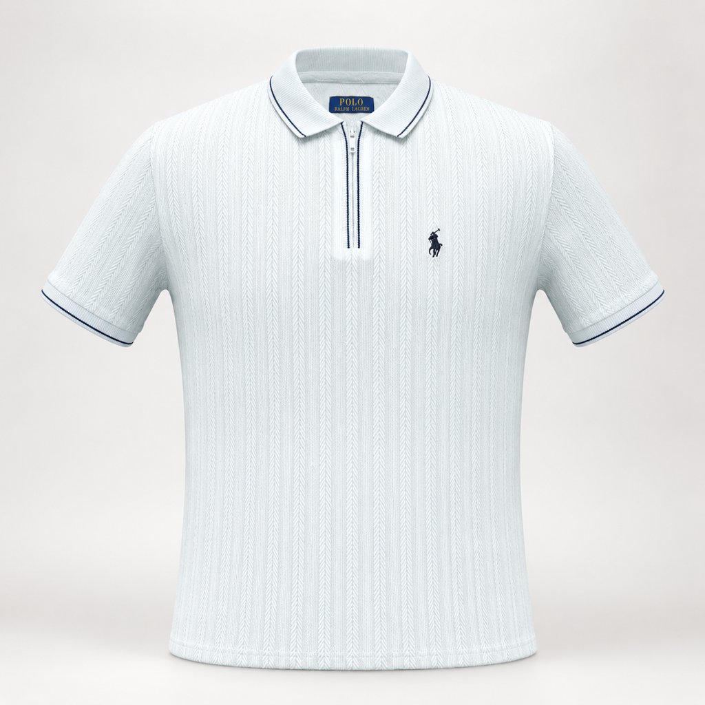A light blue ribbed short-sleeve polo shirt with a half-zip collar, featuring a small navy embroidered Polo pony logo on the left chest and matching navy piping details.