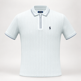 A light blue ribbed short-sleeve polo shirt with a half-zip collar, featuring a small navy embroidered Polo pony logo on the left chest and matching navy piping details.