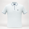 A light blue ribbed short-sleeve polo shirt with a half-zip collar, featuring a small navy embroidered Polo pony logo on the left chest and matching navy piping details.