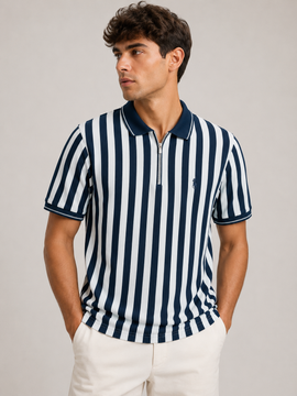 A man wearing a navy and white vertically striped short-sleeve polo shirt with a half-zip collar, paired with off-white trousers, against a plain light gray studio background.