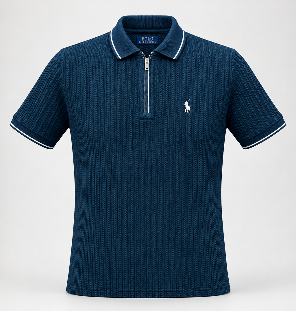 A navy blue short-sleeve polo shirt by Polo Ralph Lauren, featuring a textured vertical rib knit pattern, a half-zip collar, and a small embroidered polo player logo on the left chest.