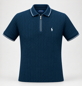 A navy blue short-sleeve polo shirt by Polo Ralph Lauren, featuring a textured vertical rib knit pattern, a half-zip collar, and a small embroidered polo player logo on the left chest.