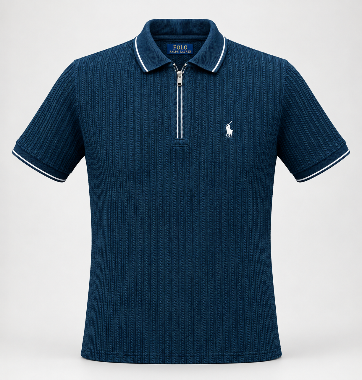 A navy blue short-sleeve polo shirt by Polo Ralph Lauren, featuring a textured vertical rib knit pattern, a half-zip collar, and a small embroidered polo player logo on the left chest.