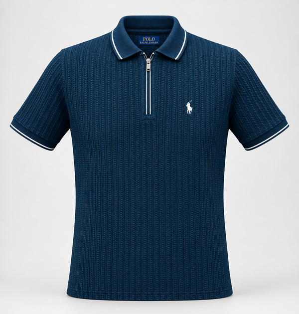 A navy blue short-sleeve polo shirt by Polo Ralph Lauren, featuring a textured vertical rib knit pattern, a half-zip collar, and a small embroidered polo player logo on the left chest.