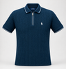 A navy blue short-sleeve polo shirt by Polo Ralph Lauren, featuring a textured vertical rib knit pattern, a half-zip collar, and a small embroidered polo player logo on the left chest.