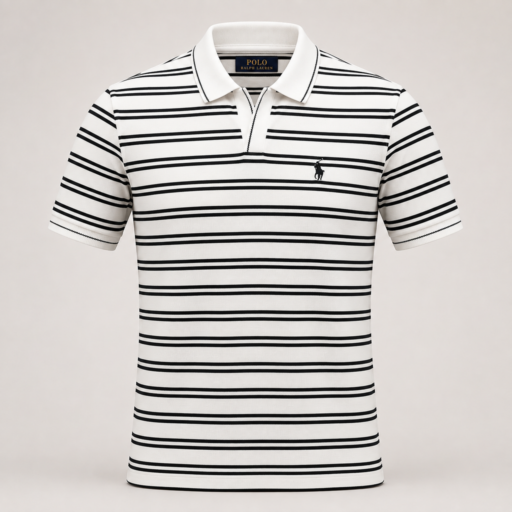 A Polo Ralph Lauren short-sleeve polo shirt with horizontal black stripes on a white base, featuring a white collar, a two-button placket, and the signature polo player logo on the left chest.