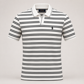 A Polo Ralph Lauren short-sleeve polo shirt with horizontal black stripes on a white base, featuring a white collar, a two-button placket, and the signature polo player logo on the left chest.