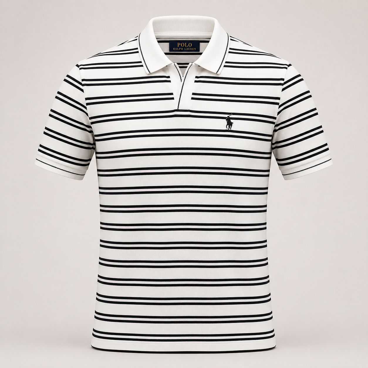 A Polo Ralph Lauren short-sleeve polo shirt with horizontal black stripes on a white base, featuring a white collar, a two-button placket, and the signature polo player logo on the left chest.