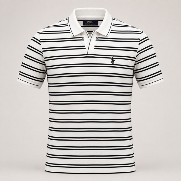 A Polo Ralph Lauren short-sleeve polo shirt with horizontal black stripes on a white base, featuring a white collar, a two-button placket, and the signature polo player logo on the left chest.