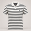 A Polo Ralph Lauren short-sleeve polo shirt with horizontal black stripes on a white base, featuring a white collar, a two-button placket, and the signature polo player logo on the left chest.