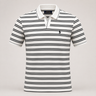 A Polo Ralph Lauren short-sleeve polo shirt with horizontal black stripes on a white base, featuring a white collar, a two-button placket, and the signature polo player logo on the left chest.