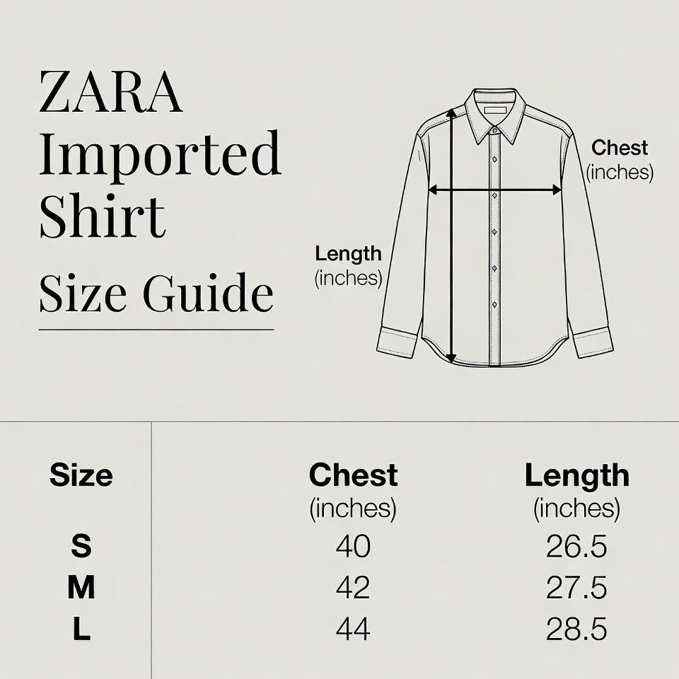 ZARA shirt size guide with measurements on a light gray background