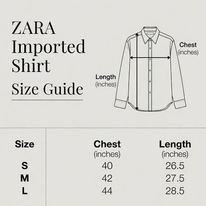 ZARA shirt size guide with measurements on a light gray background