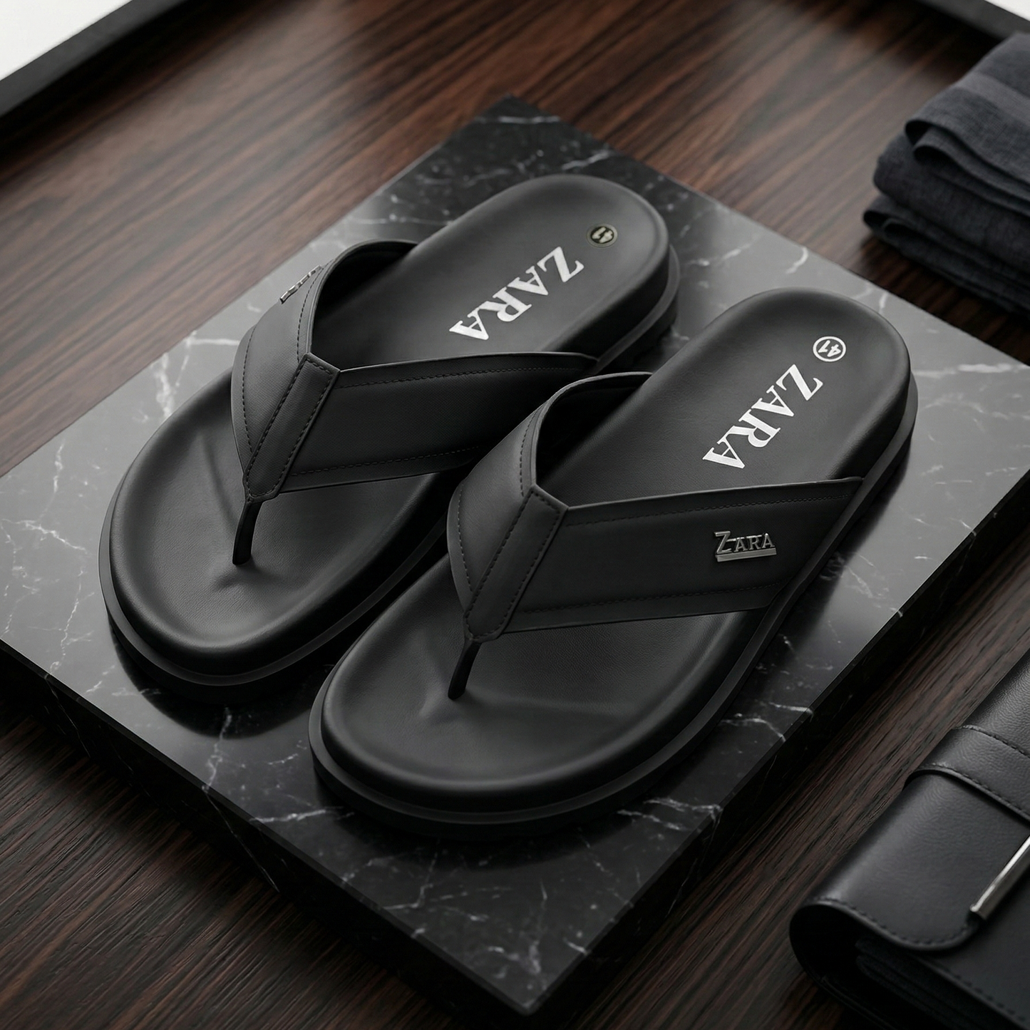 Zara Men's Black Leather Thong Sandals - Zara Essentials Collection